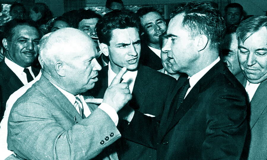 "Kitchen Debates" (impromptu political debates) between Nikita Khrushchev and Vice President of the United States Richard Nixon at the opening of the exhibition of Industrial Products of the USA in Sokolniki, 1959.