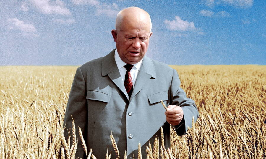 Nikita Khrushchev in the field. Kazakhstan, 1964. Photo by V. Kuzmin, coloured by O. Shirnina.