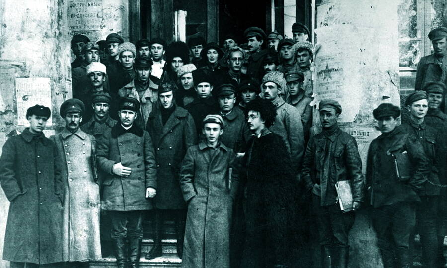 Nikita Khrushchev (in the centre, wearing a black fur cap) at the command and political staff meeting of the 9th Army, October 1920.