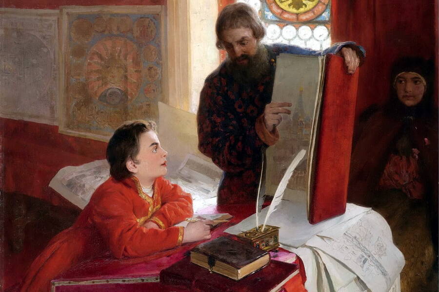 Dyak Zotov teaches Tsarevich Peter Alekseyevich literacy. Artist Klavdy Vasiliyevich Lebedev, 1903.