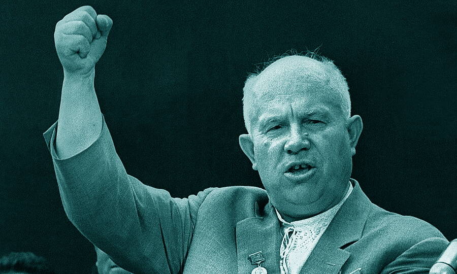 Khrushchev shakes his fist while speaking.